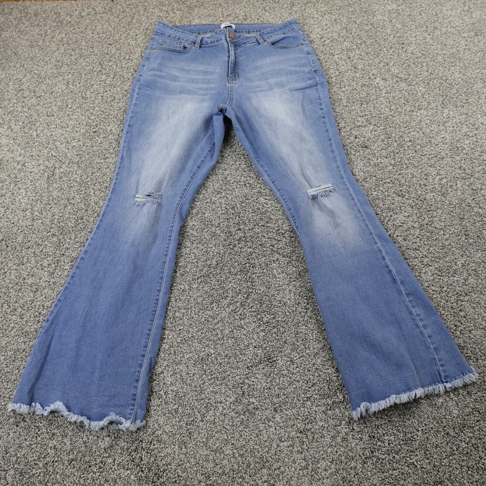 YMI Jeans Womens 18 Dark Blue Denim Pants High‎ Rise Flare Bell Stretch 70s Fray